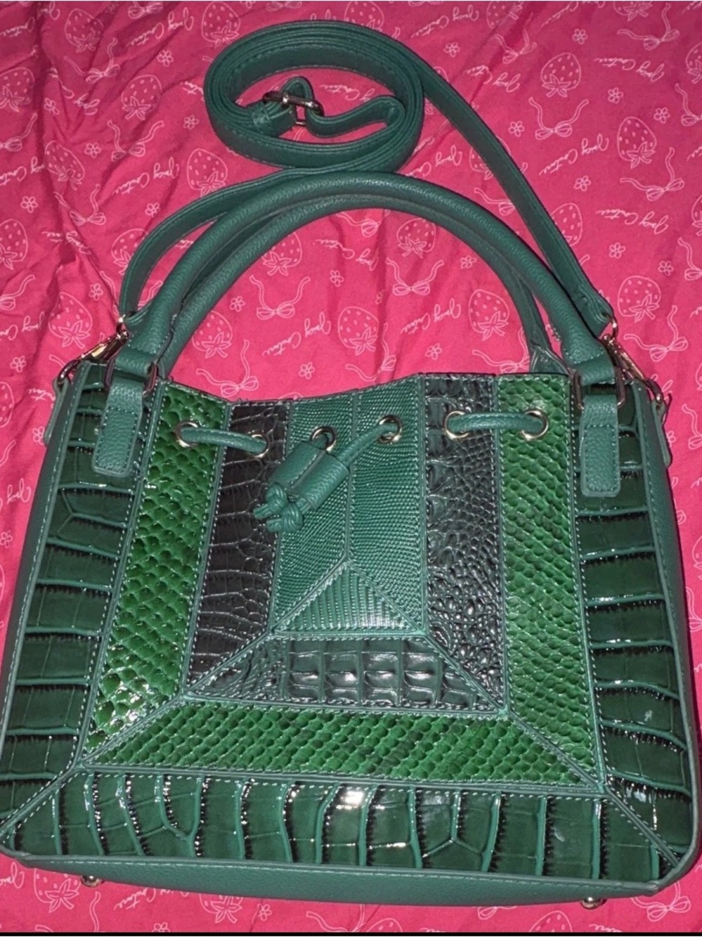 Green Textured Faux-Croc Satchel Handbag
